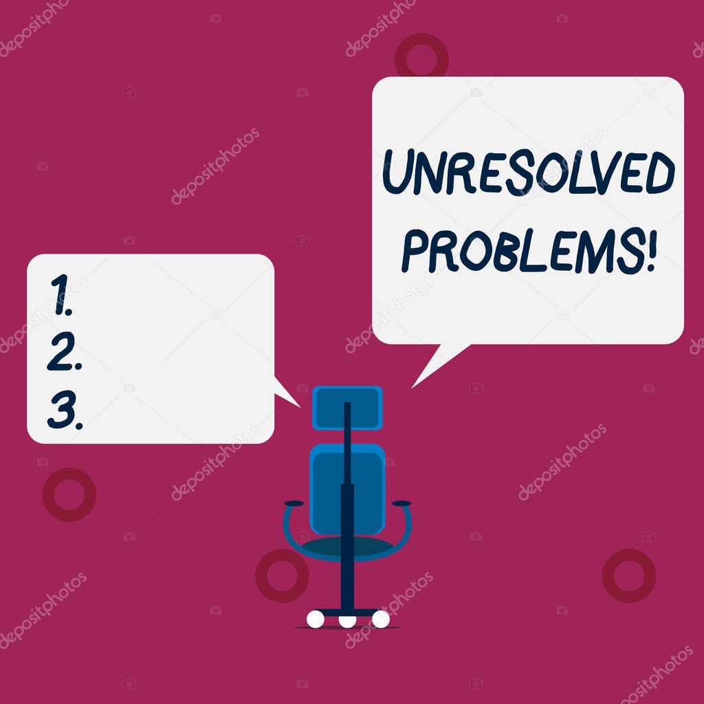 Conceptual hand writing showing Unresolved Problems. Business photo text those Queries no one can answer Unanswerable Questions Wheeled work chair with three wheels and two arms present speech.