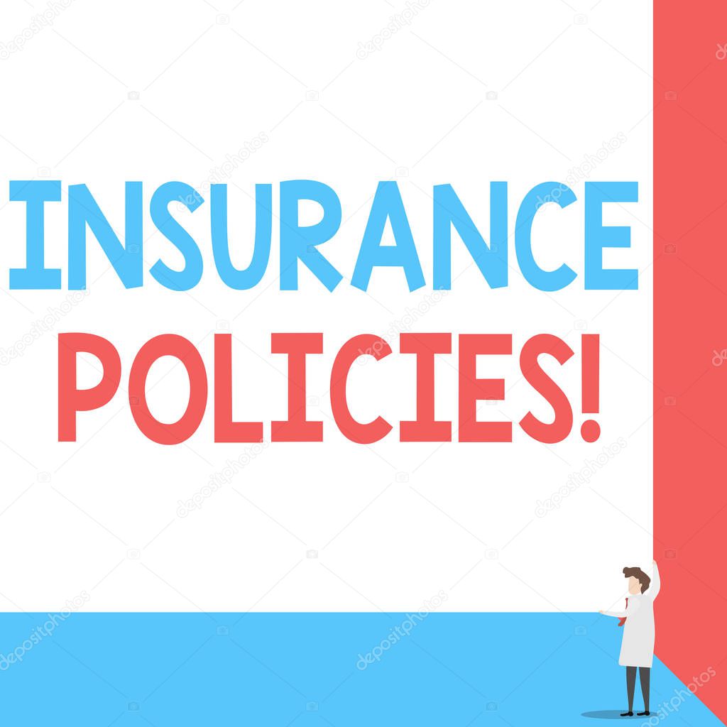 Handwriting text Insurance Policies. Concept meaning Documented Standard Form Contract Financial Reimbursement Front view young woman holding two hands right corner big blank rectangle.