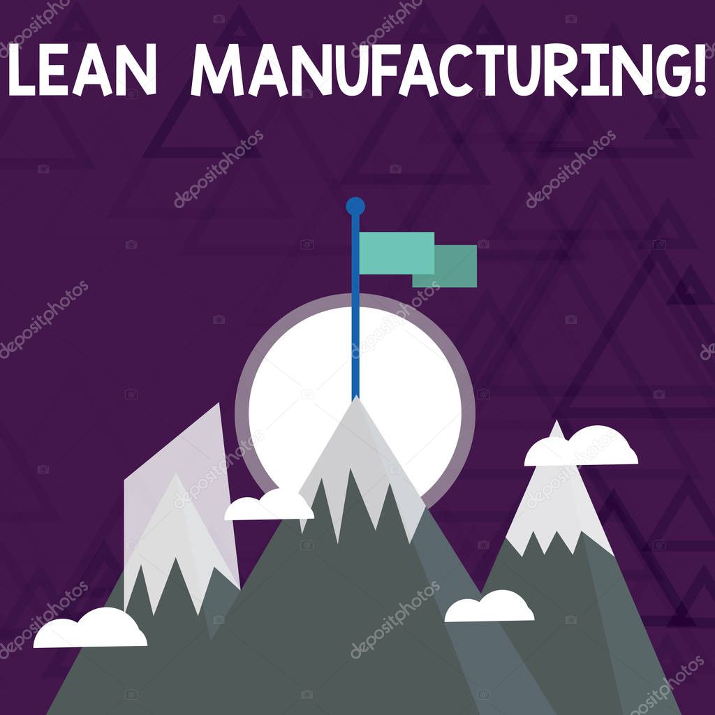 Conceptual hand writing showing Lean Manufacturing. Business photo showcasing Waste Minimization without sacrificing productivity Three High Mountains with Snow and One has Flag at the Peak.