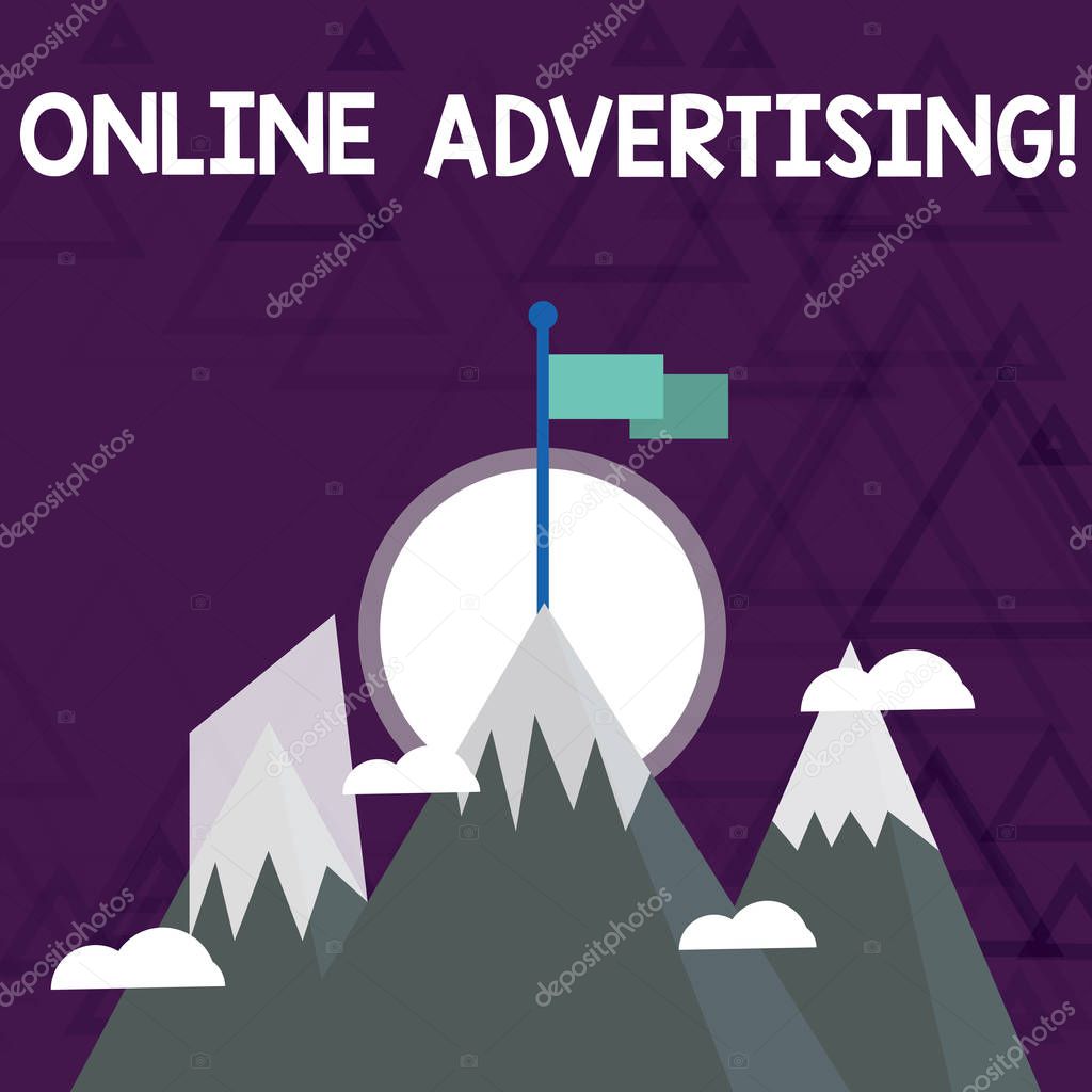 Conceptual hand writing showing Online Advertising. Business photo showcasing Internet Web Marketing to Promote Products and Services Three High Mountains with Snow and One has Flag at the Peak.