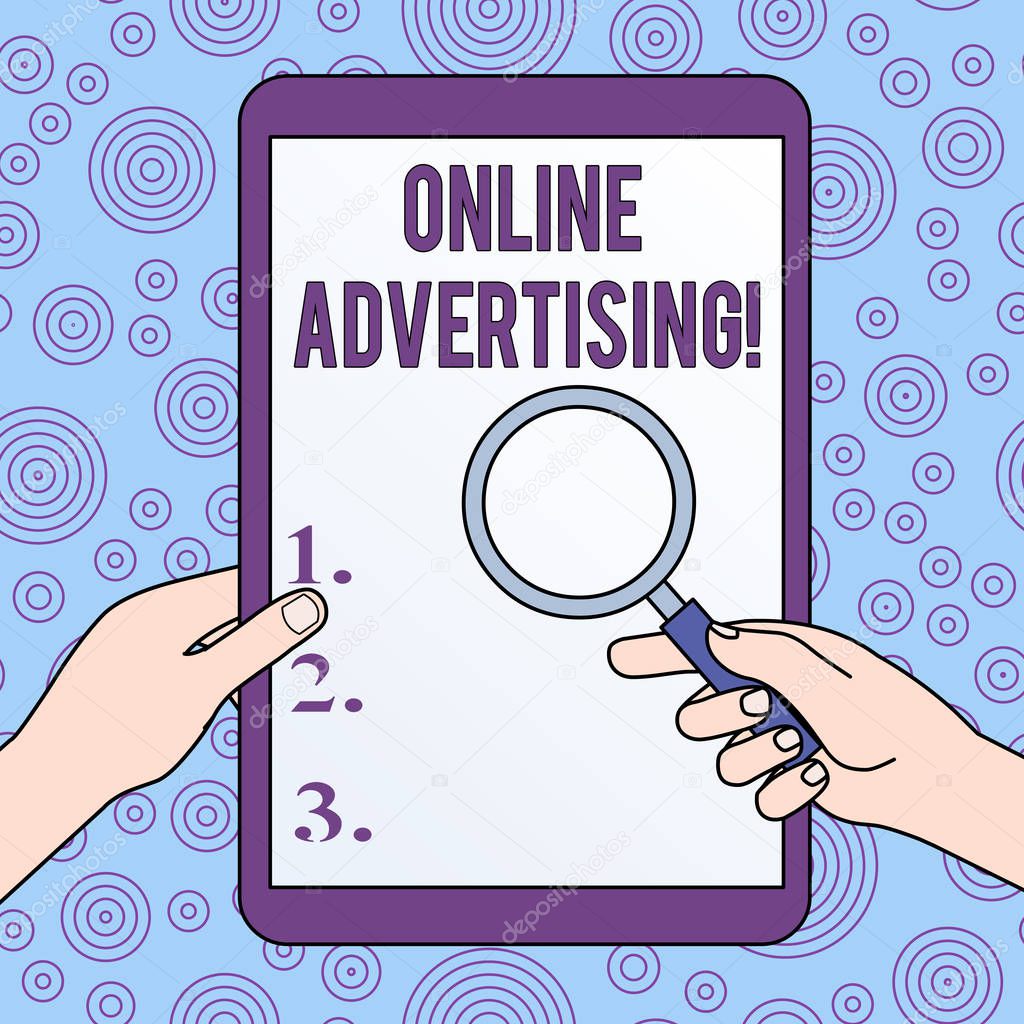 Conceptual hand writing showing Online Advertising. Business photo showcasing Internet Web Marketing to Promote Products and Services Hands Holding Magnifying Glass Against Switched Off Tablet.