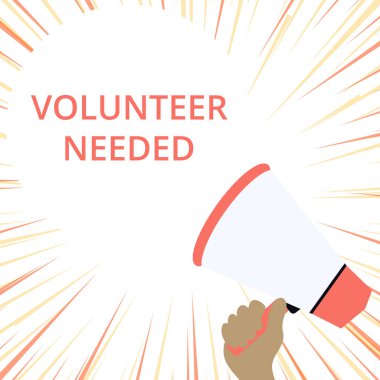 Kelime yazma gönüllüsüne ihtiyaç var. Ücretsiz veya tazminatsız iş yapma konsepti El Tutma Hoparlörü Boş Yuvarlak Konuşma Balonu Duyurusu.