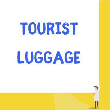 Turist Bagajı 'nı gösteren bir not yazıyorum. Seyahat eden bir kadın için gereken her şeyi içeren büyük bir çanta. İki elini de sağ köşede tutan genç bir kadın. Büyük dikdörtgen..