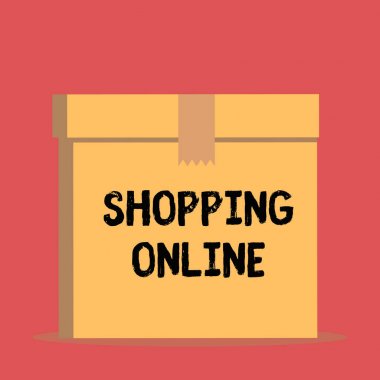 El yazısı metin Alışveriş Online. Kavram internet web sitesi üzerinden istediğiniz satın alma anlamına gelir sonra ön görünümü açık kahverengi karton mühürlü kutu kapağı kadar yakın teslim. Boş arka plan.