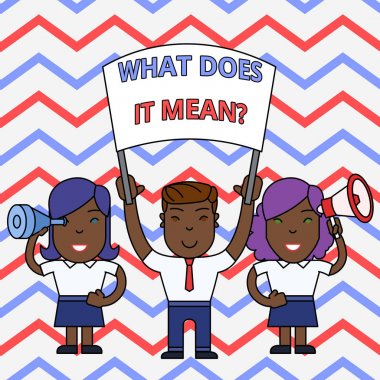 Kavramsal el yazısı ne anlama geldiğini gösteren soru. Banner, Megafon ve Spy Glass Gösteri ile belirsiz ifade İnsanlar iletişim kurmak amacıyla İş fotoğraf vitrin.