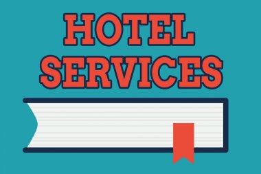 Otel Hizmetlerini gösteren metin işareti. Kavramsal fotoğraf Tesisleri Bir konaklama ve konaklama evi Side View Masa Masa üzerinde Kırmızı Yer Imi Kurdele İzole ile Kapalı Kitap Olanakları.