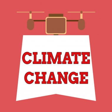 İklim değişikliğini gösteren not yazılıyor. İş fotoğraflarında hava sıcaklığında artış var. İnsansız hava aracı aşağı yönlü pankart taşıyor. Geometrik soyut arkaplan tasarımı.