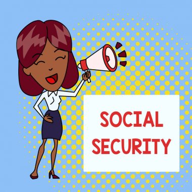 Handwriting text writing Social Security. Concept meaning assistance from state showing with inadequate or no income Young Woman Speaking into Blowhorn Volume Icon Colored Backgdrop Text Box. clipart