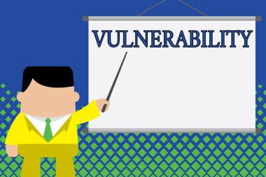 Writing note showing Vulnerability. Business photo showcasing State of being exposed to the possibility of being attacked Businessman standing in front projector screen pointing project idea. clipart