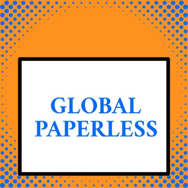 Global Paperless 'ı gösteren bir not yazıyorum. Kağıt yerine e-posta gibi teknoloji yöntemleri için kullanılan iş fotoğrafı sergisi. Öndeki büyük boş dikdörtgen soyut geometrik arkaplanı kapat.