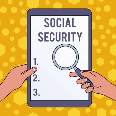 Handwriting text writing Social Security. Concept meaning assistance from state showing with inadequate or no income Hands Holding Magnifying Glass Against Switched Off Touch Screen Tablet. clipart