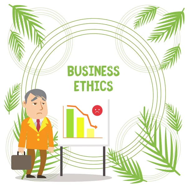 Handwriting text writing Business Ethics. Concept meaning Moral principles that guide the way a business behaves Businessman Clerk with Brief Case Standing Whiteboard Declining Bar Chart.