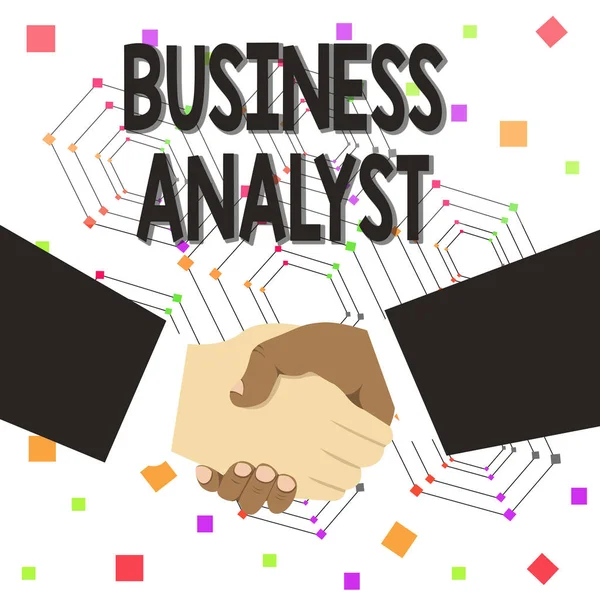 Text sign showing Business Analyst. Conceptual photo someone who analyzes big organization or website domain Hand Shake Multiracial Male Business Partners Colleagues Formal Black Suits.