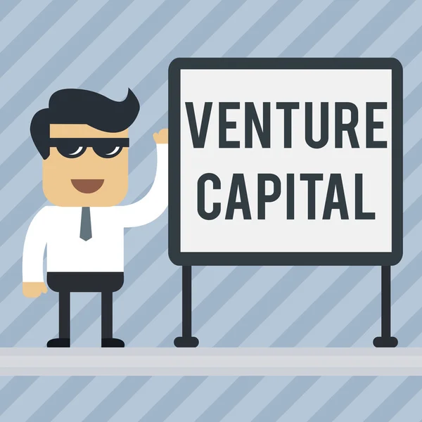 Writing note showing Venture Capital. Business photo showcasing financing provided by firms to small early stage ones Office Worker Sunglass Blank Whiteboard Meeting Presentation.