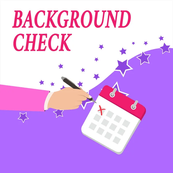 Text sign showing Background Check. Conceptual photo way to discover issues that could affect your business Male Hand Formal Suit Crosses Off One Day Calendar Red Ink Ballpoint Pen. — Stockfoto