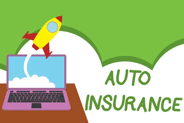 Signo de texto que muestra Auto Insurance. Foto conceptual Protección contra la pérdida financiera en caso de accidente Lanzamiento exitoso de cohetes nubes hacia fuera fondo portátil. Empezar a crecer . — Foto de Stock