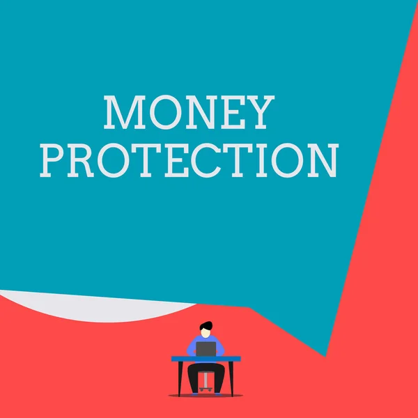 Writing note showing Money Protection. Business photo showcasing protects the rental money tenant pays to landlord Man sitting chair desk working laptop geometric background.