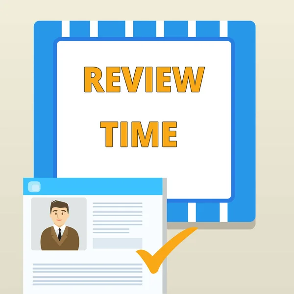 Word writing text Review Time. Business concept for to think or talk about something again Set schedule to review Curriculum Vitae Resume of Young Male Candidate Marked by Colored Checkmark. — Stock Photo, Image