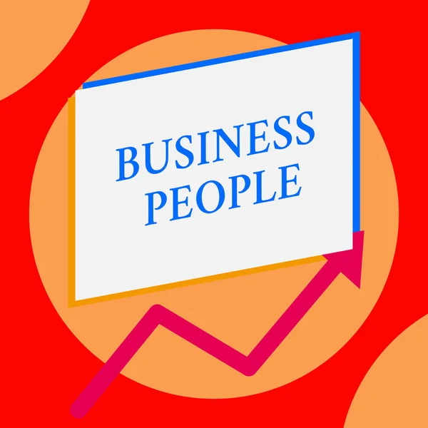 Writing note showing Business People. Business photo showcasing People who work in business especially at an executive level One blank rectangle above another arrow zigzag upwards increasing sale. — Stock Photo, Image