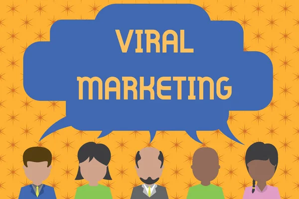 Word writing text Viral Marketing. Business concept for whereby consumer encouraged share information via Internet Five different races persons sharing blank speech bubble. People talking.