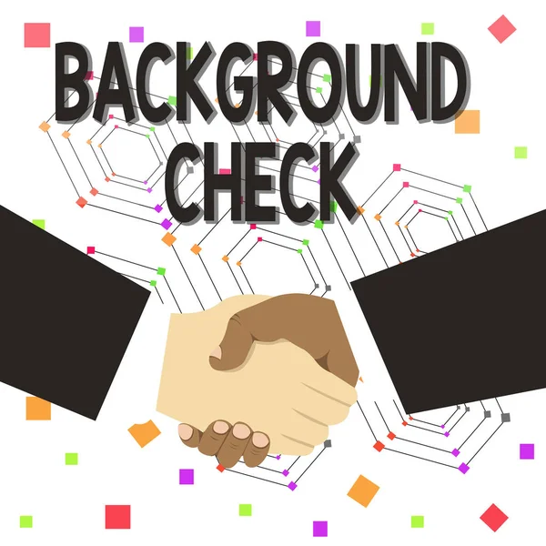 Text sign showing Background Check. Conceptual photo way to discover issues that could affect your business Hand Shake Multiracial Male Business Partners Colleagues Formal Black Suits. — Stockfoto