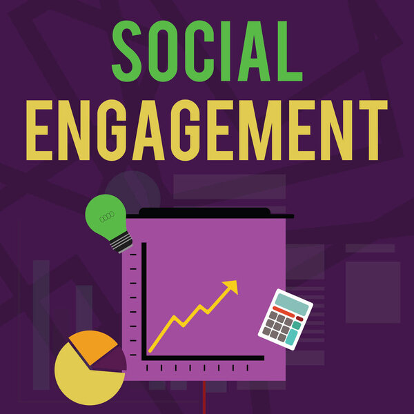 Текстовый знак, показывающий социальную активность. Концептуальная фотография Степень вовлеченности в онлайн-сообщество или общество Инвестиционные иконки пирога и линейный график со стрелкой собирается вверх, лампочка, калькулятор
.