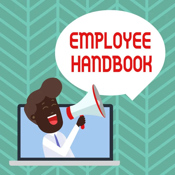 Writing note showing Employee Handbook. Business photo showcasing Document that contains an operating procedures of company Man Speaking Through Laptop into Loudhailer Bubble Announce. — Stock Photo, Image