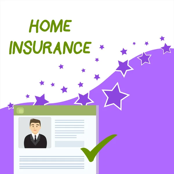 Sinal de texto mostrando Home Insurance. Foto conceitual Abrange perdas e danos e acidentes na casa Curriculum Vitae Currículo de Jovem Candidato Masculino Marcado por Checkmark Colorido . — Fotografia de Stock