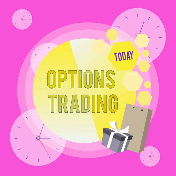 Conceptual hand writing showing Options Trading. Business photo showcasing Different options to make goods or services spread worldwide Greeting Card Poster Gift Package Box Decorated by Bowknot.