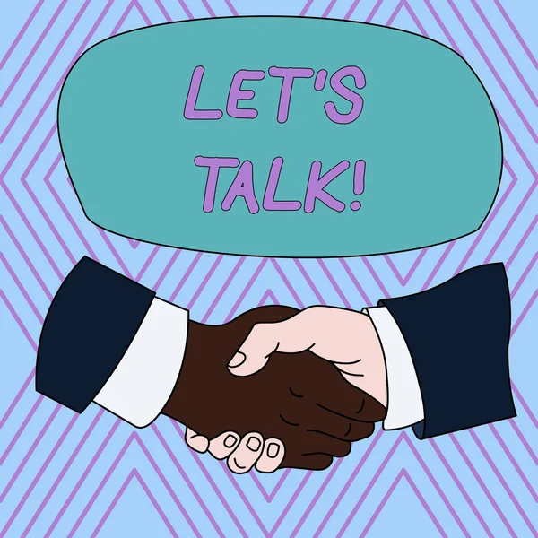 Text sign showing Let S Is Talk. Conceptual photo suggesting in the beginning of a conversation on the topic Hand Shake Multiracial Male Business Partners Colleagues Formal Shirt Suit.