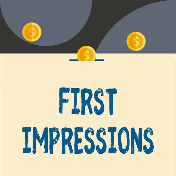 Text sign showing First Impressions. Conceptual photo What a demonstrating thinks of you when they first meet you Front view close up three penny coins icon one entering collecting box slot.