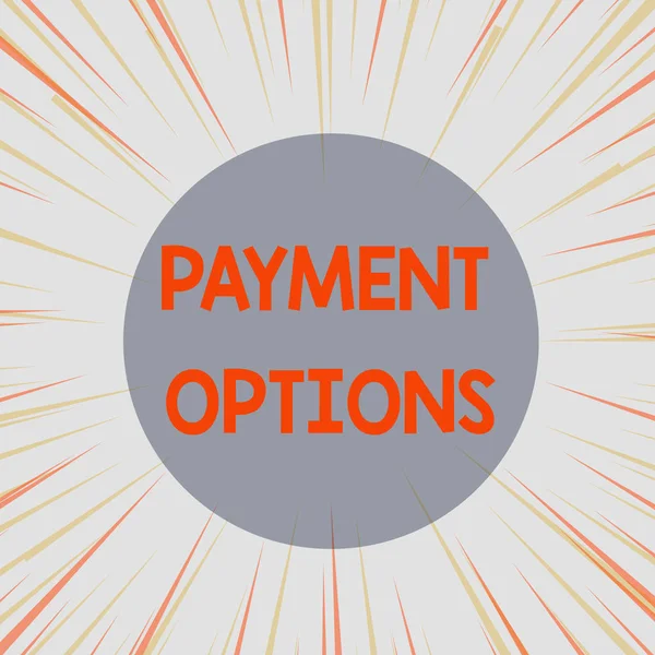 Word writing text Payment Options. Business concept for The way of chosen to compensate the seller of a service Sunburst Explosion Yellow Orange Pastel Rays Beams Depth and Perspective. — ストック写真
