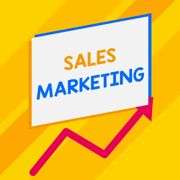 Conceptual hand writing showing Sales Marketing. Business photo showcasing introducing product or service in order to get bought Blank rectangle above another zigzag upwards increasing sale.