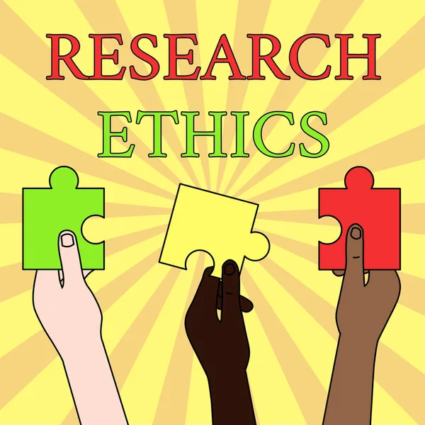 Writing note showing Research Ethics. Business photo showcasing interested in the analysis ofethicalissues that raised Three Colored Empty Jigsaw Puzzle Pieces Held in Different People Hands. — Stock Photo, Image