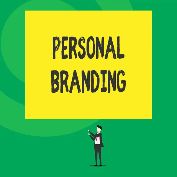 Texto de escritura de palabras Personal Branding. Concepto de negocio para la práctica de la gente Comercialización de sí mismos Imagen como Marcas Vista aislada joven de pie apuntando hacia arriba dos manos rectángulo grande . — Foto de Stock