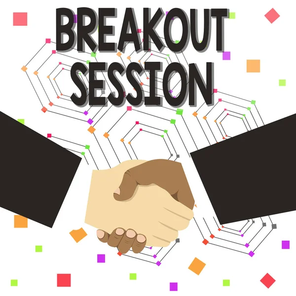 Text sign showing Breakout Session. Conceptual photo workshop discussion or presentation on specific topic Hand Shake Multiracial Male Business Partners Colleagues Formal Black Suits.