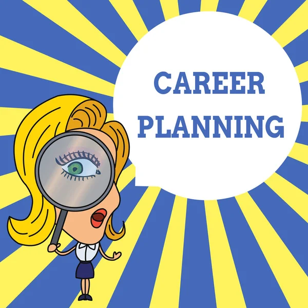 Word writing text Career Planning. Business concept for Strategically plan your career goals and work success Woman Looking Trough Magnifying Glass Big Eye Blank Round Speech Bubble. — 스톡 사진