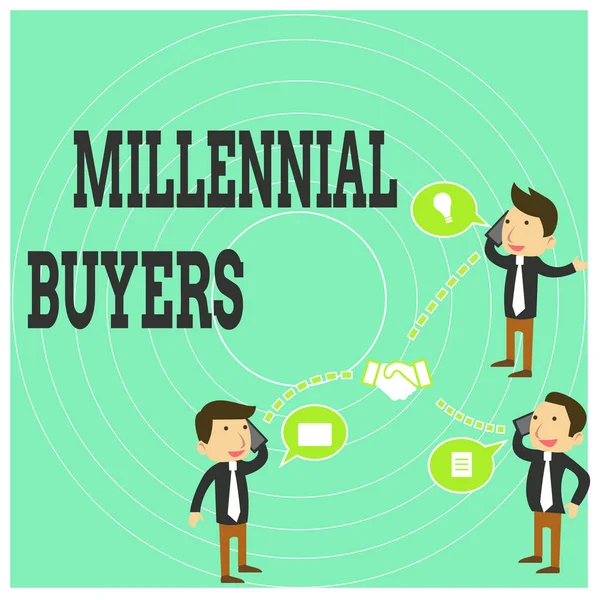 Conceptual hand writing showing Millennial Buyers. Business photo text Type of consumers that are interested in trending products Businessmen Coworker Conference Call Discussion Mobile Phone. — 스톡 사진