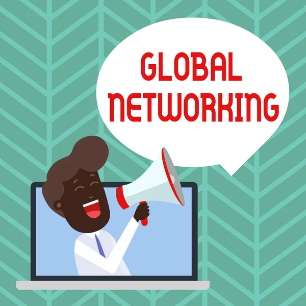 Nota escrita que muestra Global Networking. Foto de negocios mostrando la red de comunicación que abarca toda la Tierra WAN Man Hablando a través del ordenador portátil en Loudhailer Bubble Announce . — Foto de Stock