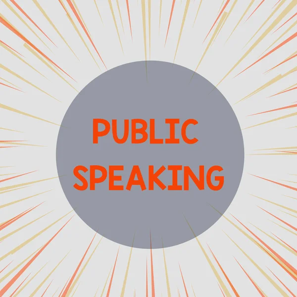 Word writing text Public Speaking. Business concept for talking showing stage in subject Conference Presentation Sunburst Explosion Yellow Orange Pastel Rays Beams Depth and Perspective.