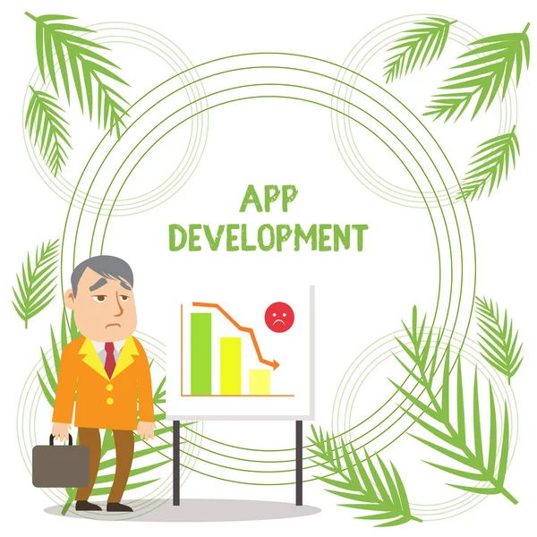 Handwriting text writing App Development. Concept meaning Development services for awesome mobile and web experiences Businessman Clerk with Brief Case Standing Whiteboard Declining Bar Chart.