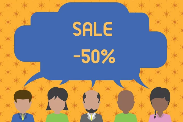 Word writing text Sale 50 Percent. Business concept for A promo price of an item at 50 percent markdown Five different races persons sharing blank speech bubble. People talking. — ストック写真