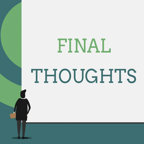 Text sign showing Final Thoughts. Conceptual photo the conclusion or last few sentences within your conclusion Back view young woman watching blank big rectangle. Geometrical background.