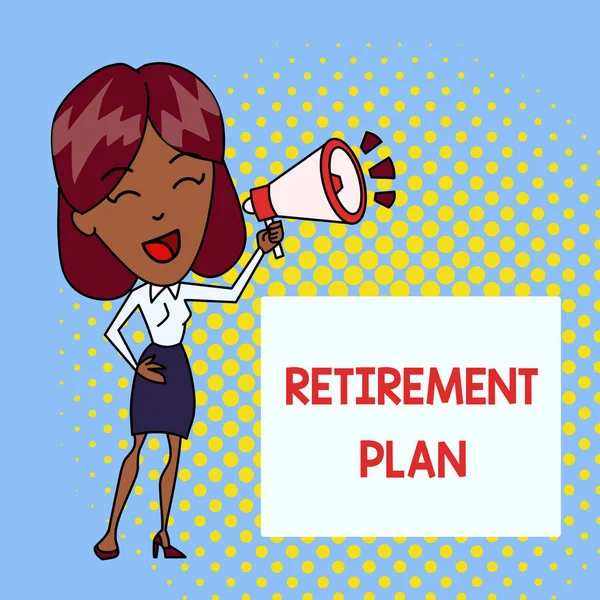Handschrift Text Schreiben Rentenplan. Konzept bedeutet, Geld zu sparen, um es zu verwenden, wenn Sie aufhören zu arbeiten junge Frau spricht in Blashorn Lautstärke Symbol farbigen Hintergrund Textfeld. — Stockfoto