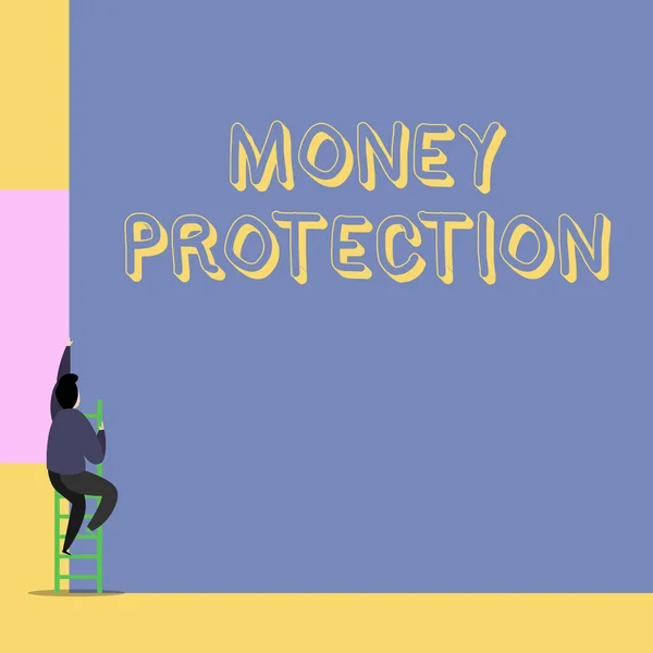 Word writing text Money Protection. Business concept for protects the rental money tenant pays to landlord Back view young man climbing up staircase ladder lying big blank rectangle.