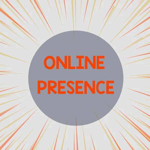 Word writing text Online Presence. Business concept for existence of someone that can be found via an online search Sunburst Explosion Yellow Orange Pastel Rays Beams Depth and Perspective.