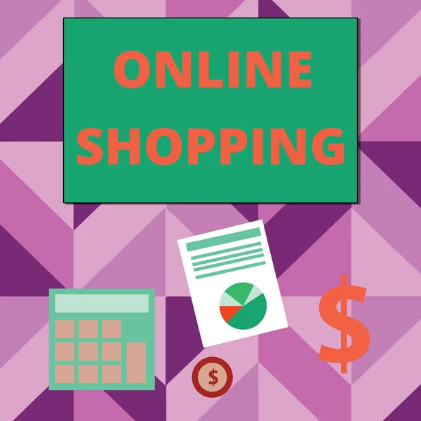 Online Alışveriş 'i gösteren bir not yazıyorum. İş fotoğraflarının sergilenmesi, tüketicilere ürünlerini İnternet Doları Altın Yatırım ve Veri Sunumu Çizelgesi üzerinden satın alma olanağı sağlıyor. — Stok fotoğraf