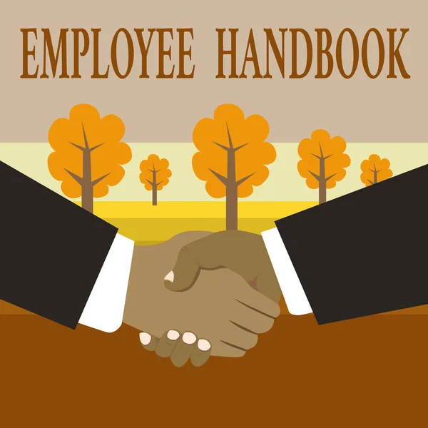 Writing note showing Employee Handbook. Business photo showcasing Document that contains an operating procedures of company Hand Shake Multiracial Male Business Partners Formal Suits. — Stock Photo, Image