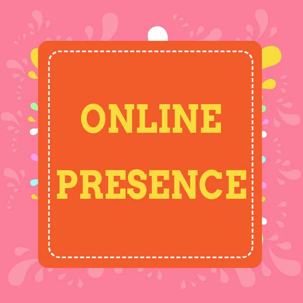 Writing note showing Online Presence. Business photo showcasing existence of someone that can be found via an online search Dashed Stipple Line Blank Square Colored Cutout Frame Bright Background.