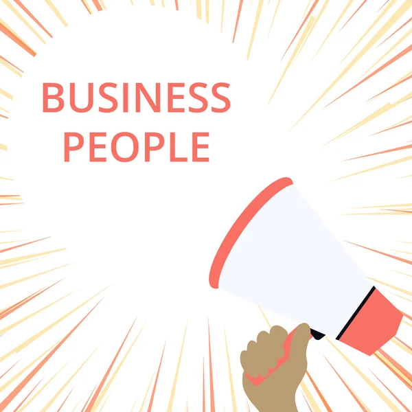 Word writing text Business People. Business concept for People who work in business especially at an executive level Hand Holding Loudhailer Empty Round Speech Text Balloon Announcement New. — Stock Photo, Image